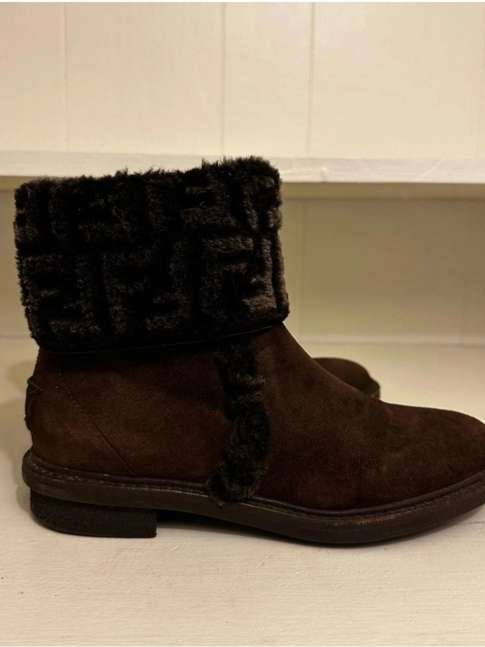 Fendi Zucca FF Logo Shearling Cuff Suede Ankle Boots Brown IT 36.5 US 5.5 - Picture 4 of 16